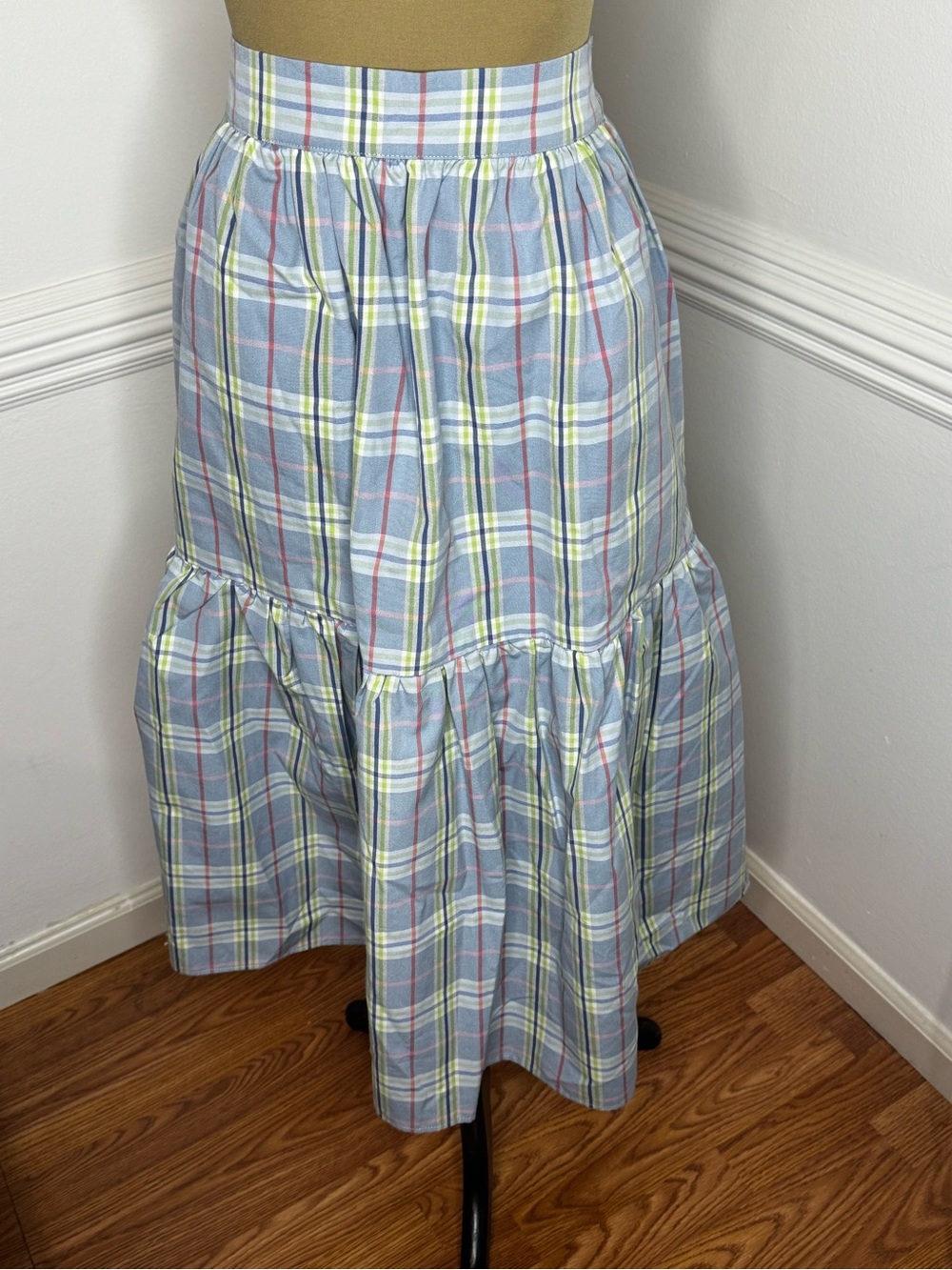 Buru Light Blue Plaid Tiered Maxi Skirt